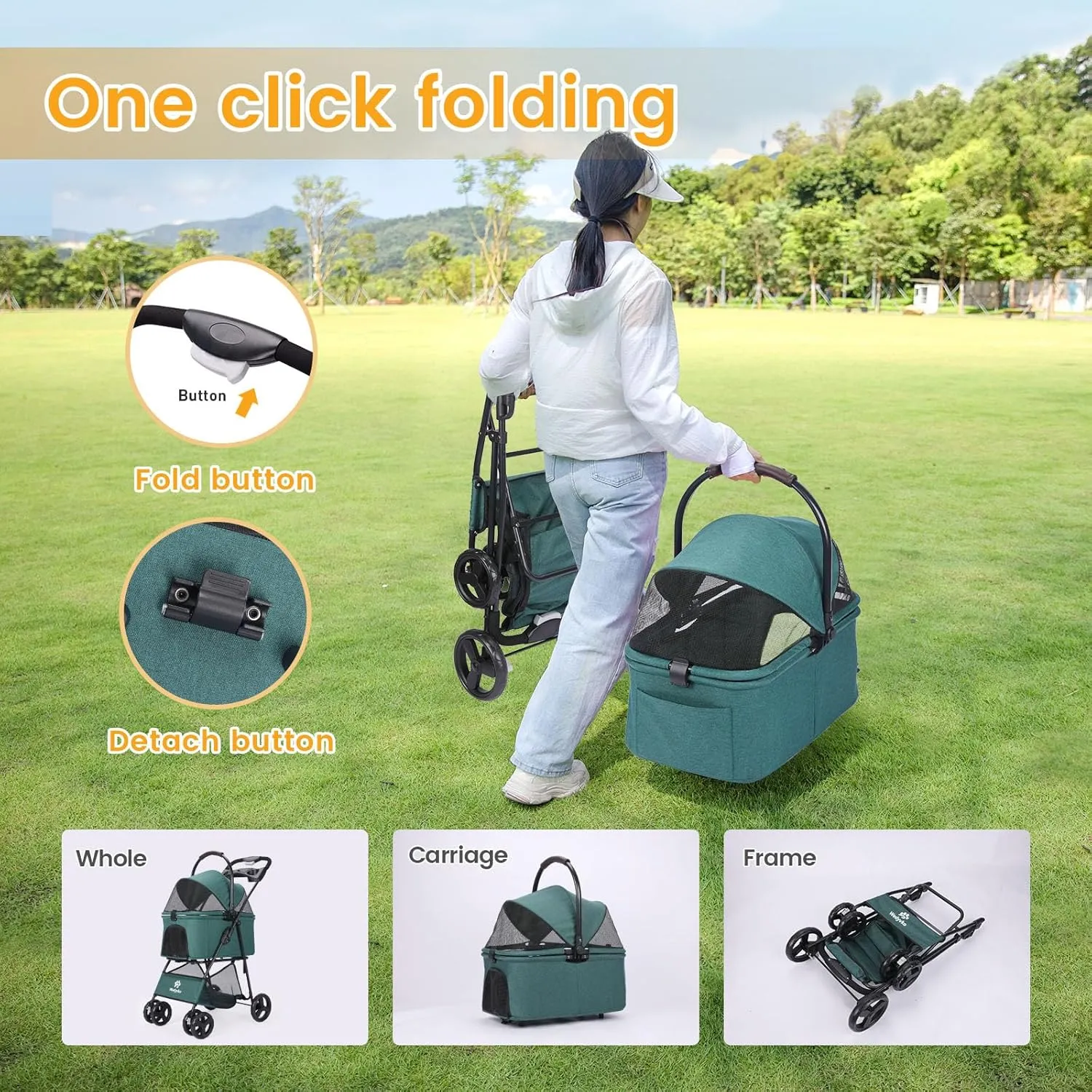 Pet Stroller, 4 Wheels Pet Strolling Cart for Medium/Small Dogs and Cats, Foldable Cat Jogger/Dog Stroller with Cup Holder, Storage Basket, Breathable Mesh, All-Season Pet Carrier (Dark Green)