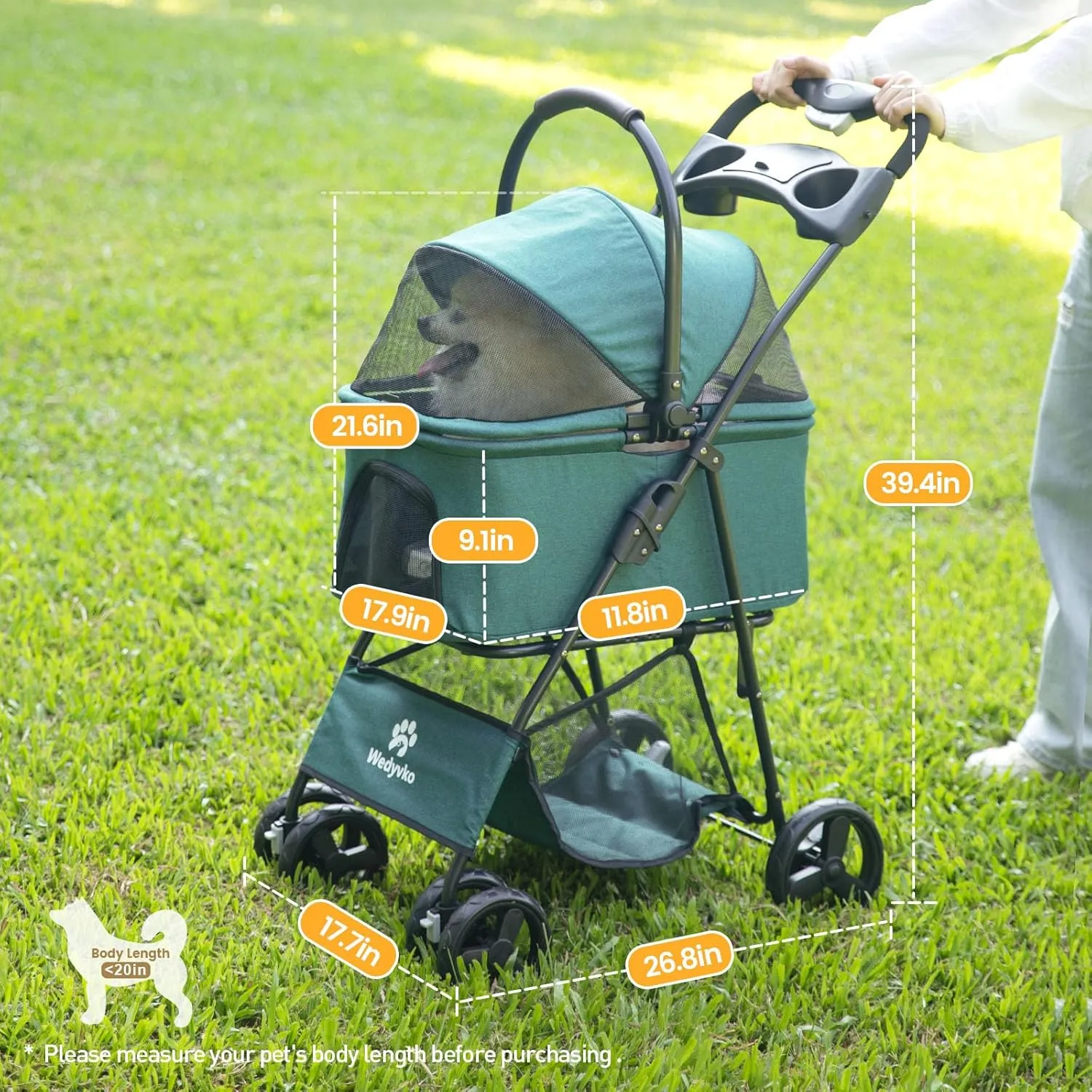 Pet Stroller, 4 Wheels Pet Strolling Cart for Medium/Small Dogs and Cats, Foldable Cat Jogger/Dog Stroller with Cup Holder, Storage Basket, Breathable Mesh, All-Season Pet Carrier (Dark Green)