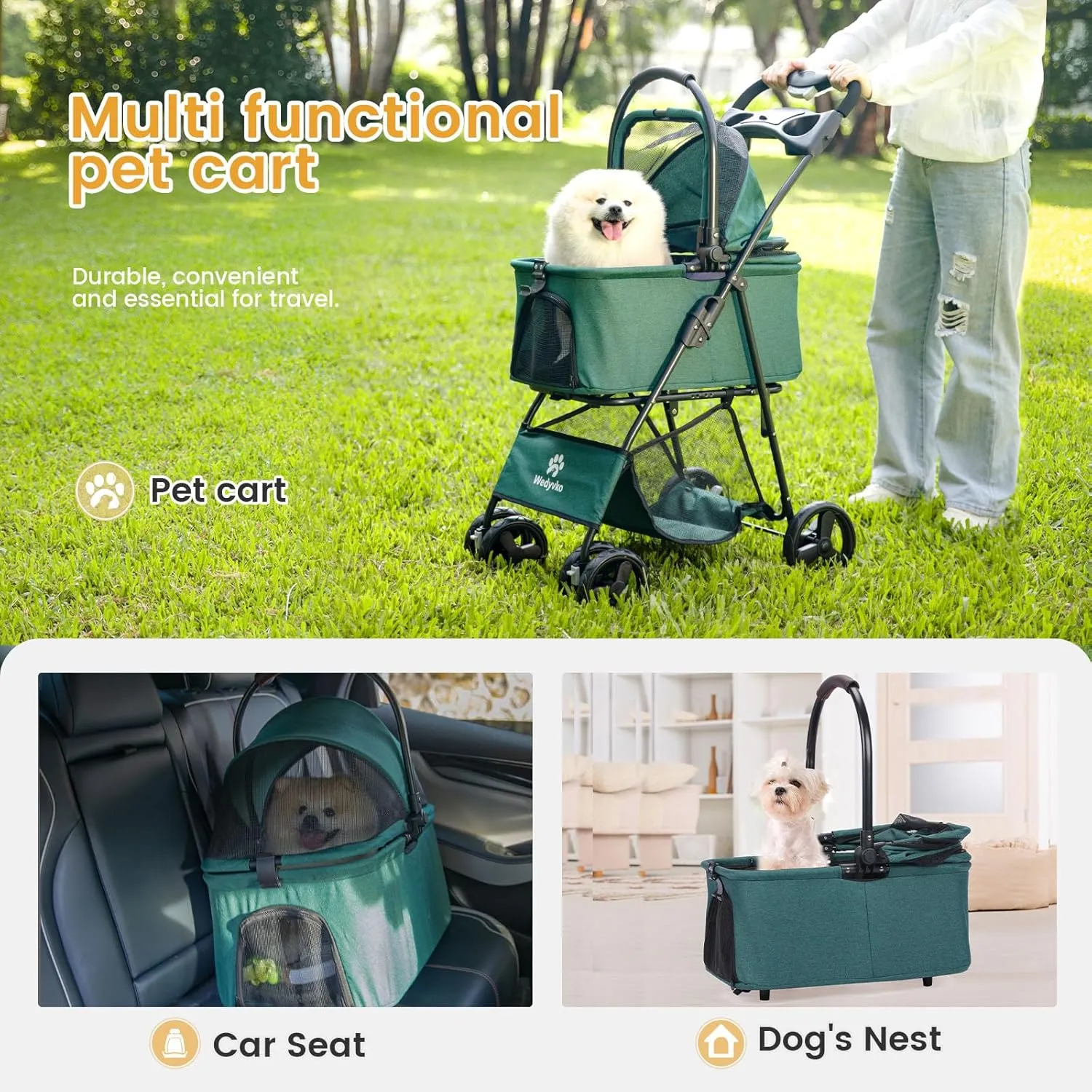 Pet Stroller, 4 Wheels Pet Strolling Cart for Medium/Small Dogs and Cats, Foldable Cat Jogger/Dog Stroller with Cup Holder, Storage Basket, Breathable Mesh, All-Season Pet Carrier (Dark Green)