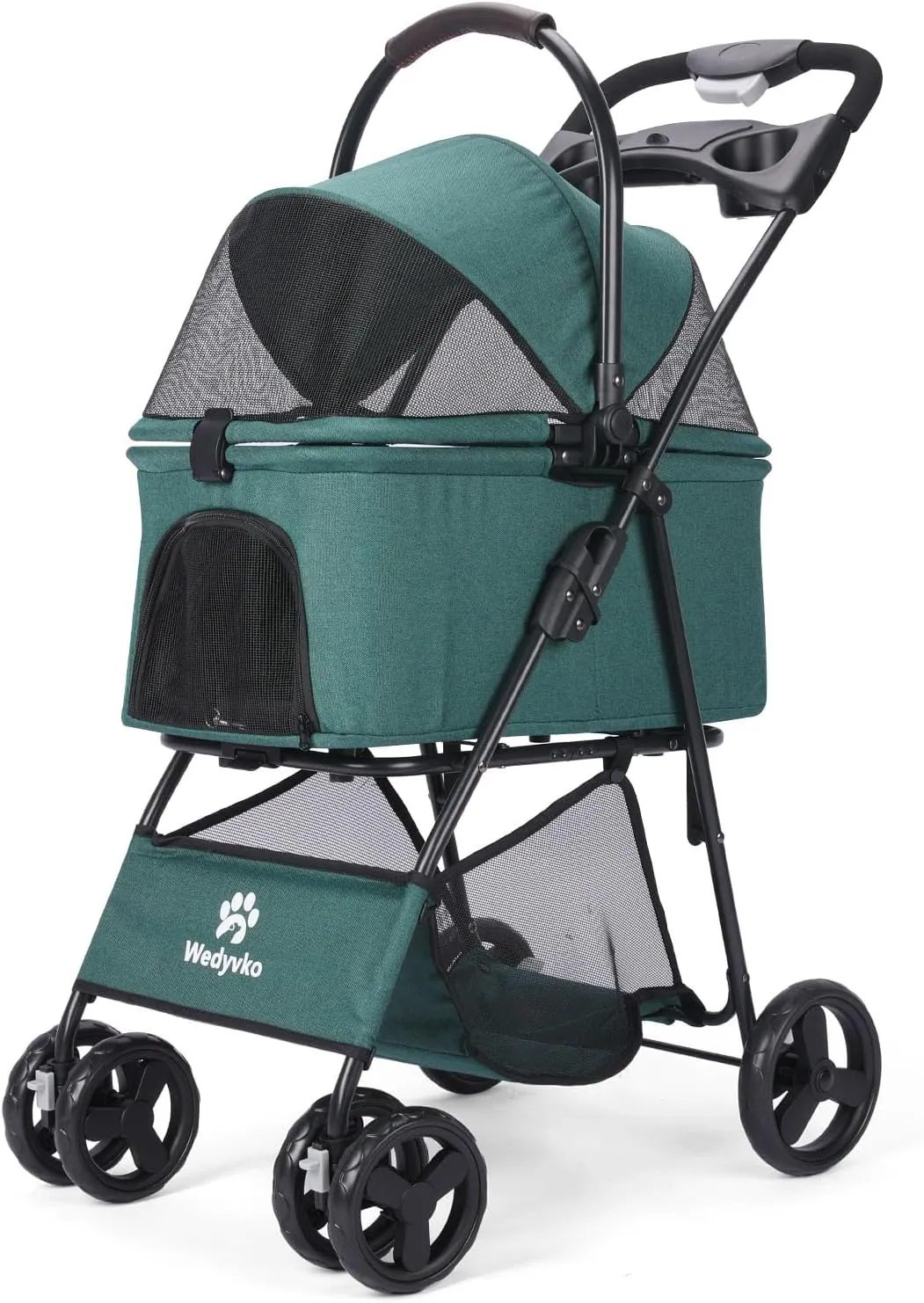 Pet Stroller, 4 Wheels Pet Strolling Cart for Medium/Small Dogs and Cats, Foldable Cat Jogger/Dog Stroller with Cup Holder, Storage Basket, Breathable Mesh, All-Season Pet Carrier (Dark Green)