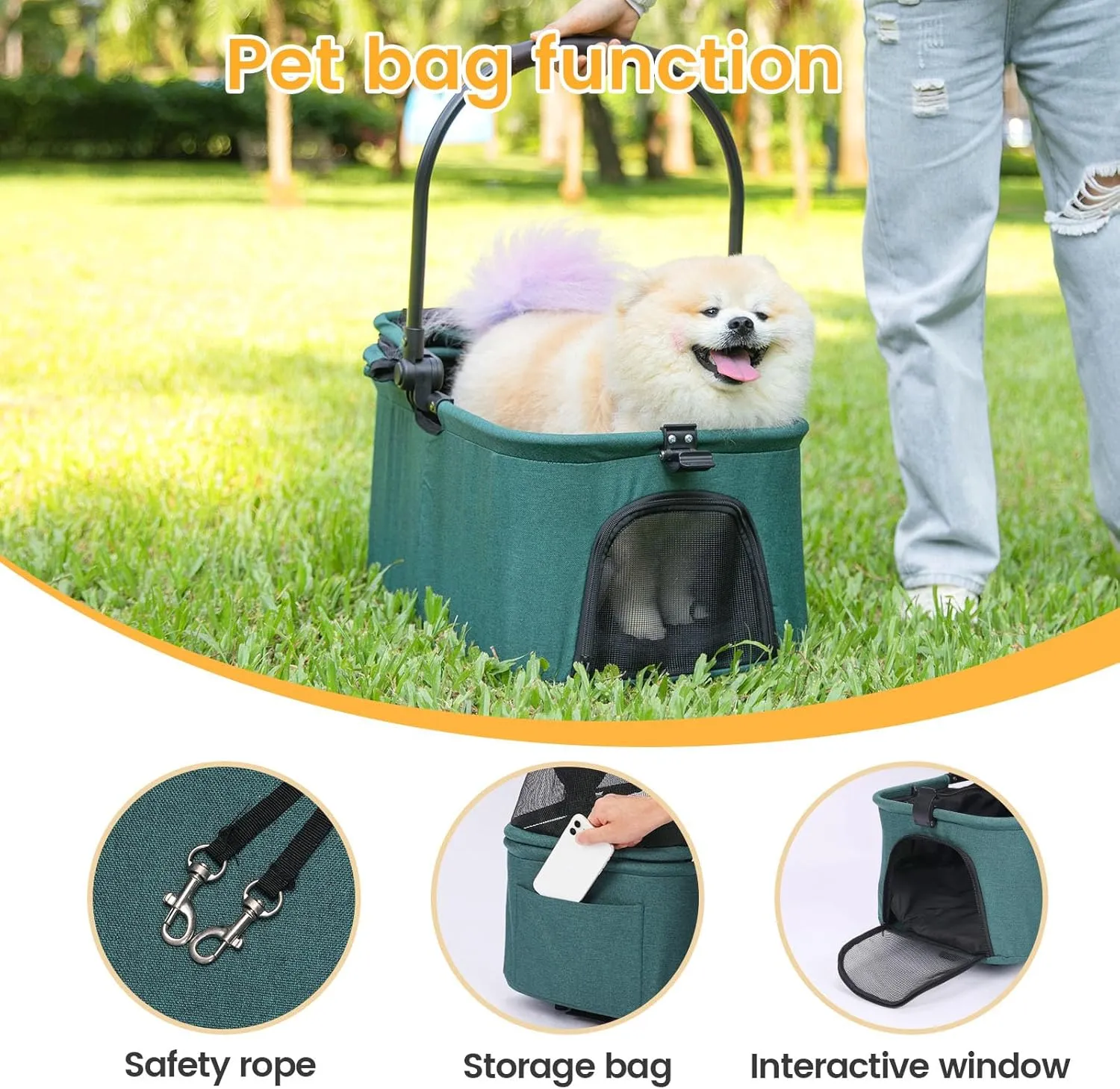 Pet Stroller, 4 Wheels Pet Strolling Cart for Medium/Small Dogs and Cats, Foldable Cat Jogger/Dog Stroller with Cup Holder, Storage Basket, Breathable Mesh, All-Season Pet Carrier (Dark Green)