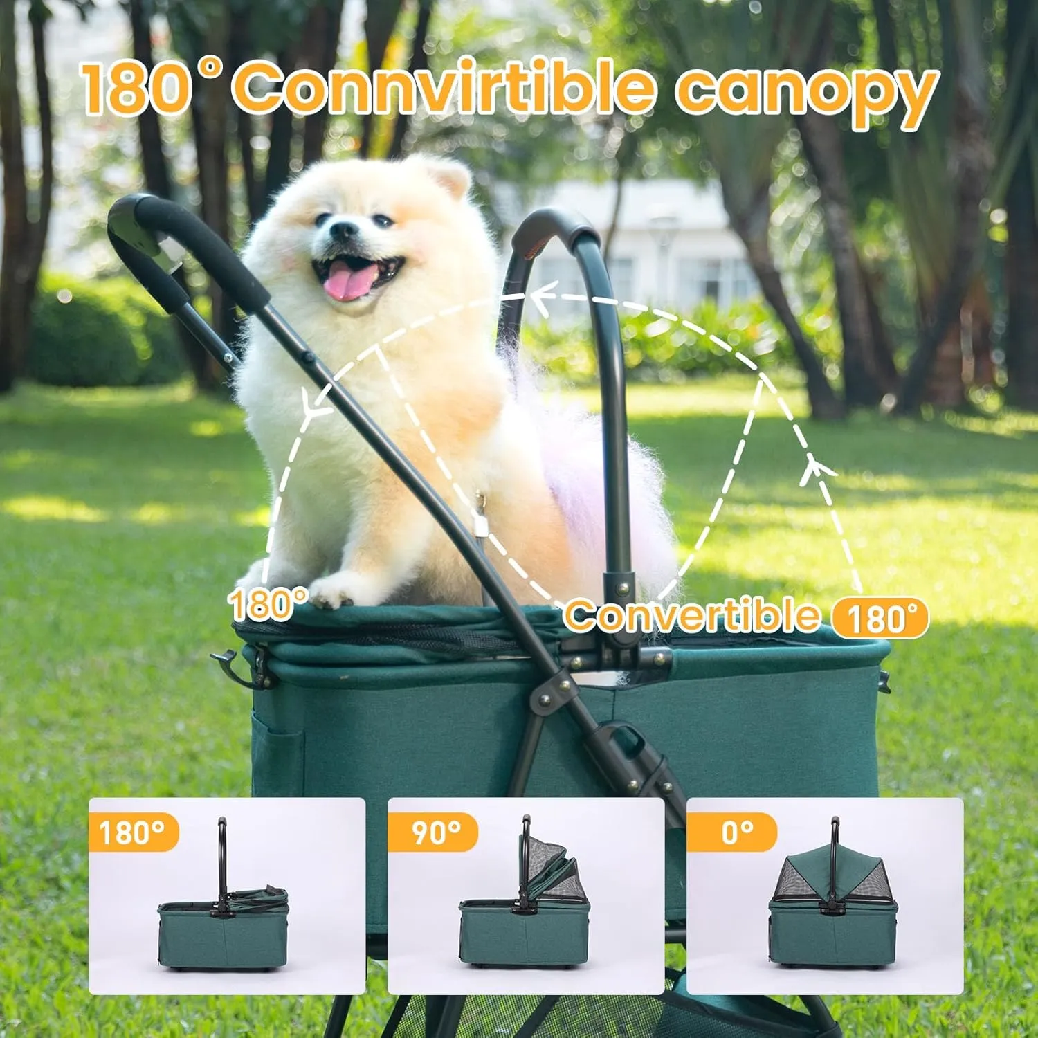 Pet Stroller, 4 Wheels Pet Strolling Cart for Medium/Small Dogs and Cats, Foldable Cat Jogger/Dog Stroller with Cup Holder, Storage Basket, Breathable Mesh, All-Season Pet Carrier (Dark Green)