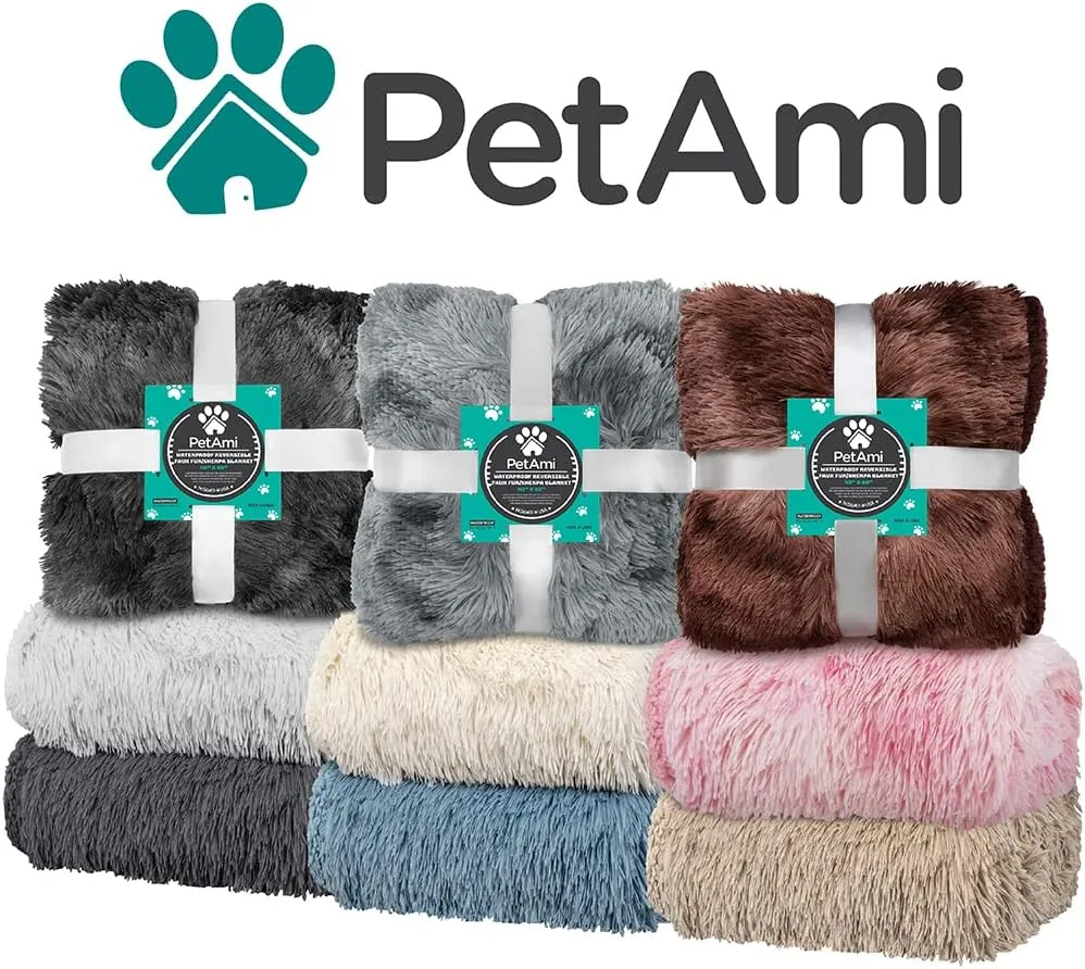 PetAmi Waterproof Dog Blanket for Large Dog, Queen Size Calming Pet Blanket Couch Cover Protector, Sherpa Faux Fur Cat Throw for Sofa Furniture Bed, Soft Fluffy XL, 90x90 Cream Beige