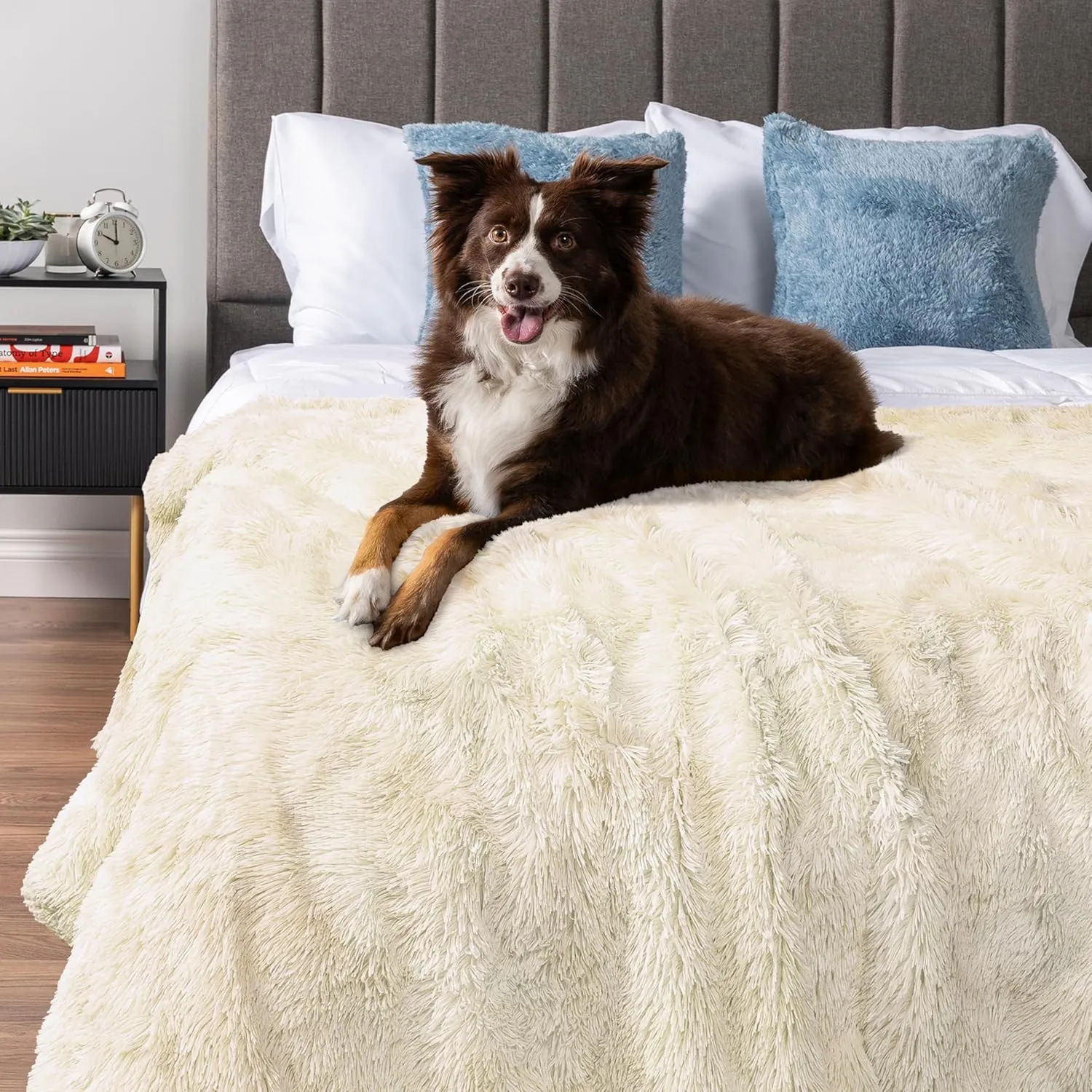 PetAmi Waterproof Dog Blanket for Large Dog, Queen Size Calming Pet Blanket Couch Cover Protector, Sherpa Faux Fur Cat Throw for Sofa Furniture Bed, Soft Fluffy XL, 90x90 Cream Beige