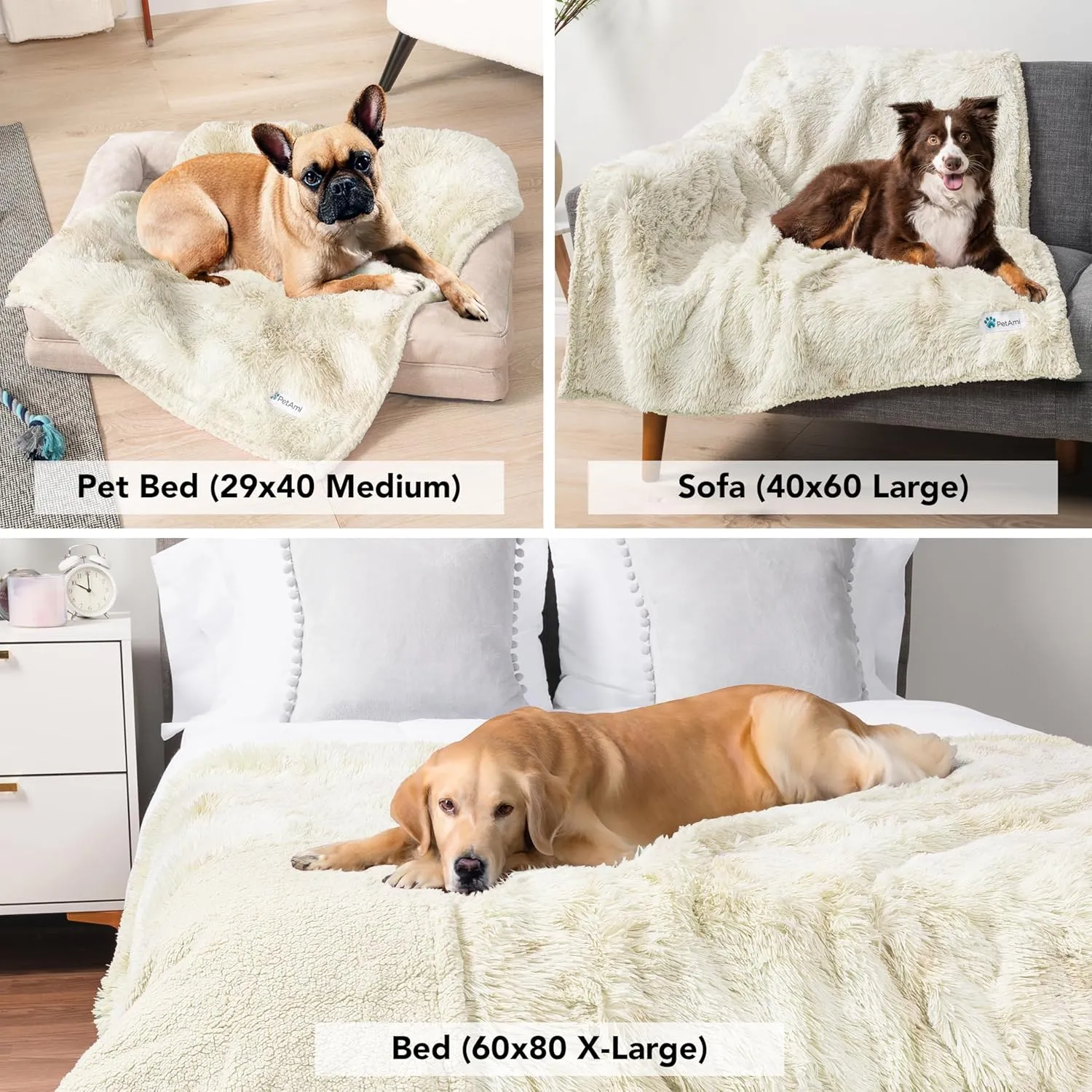 PetAmi Waterproof Dog Blanket for Large Dog, Queen Size Calming Pet Blanket Couch Cover Protector, Sherpa Faux Fur Cat Throw for Sofa Furniture Bed, Soft Fluffy XL, 90x90 Cream Beige