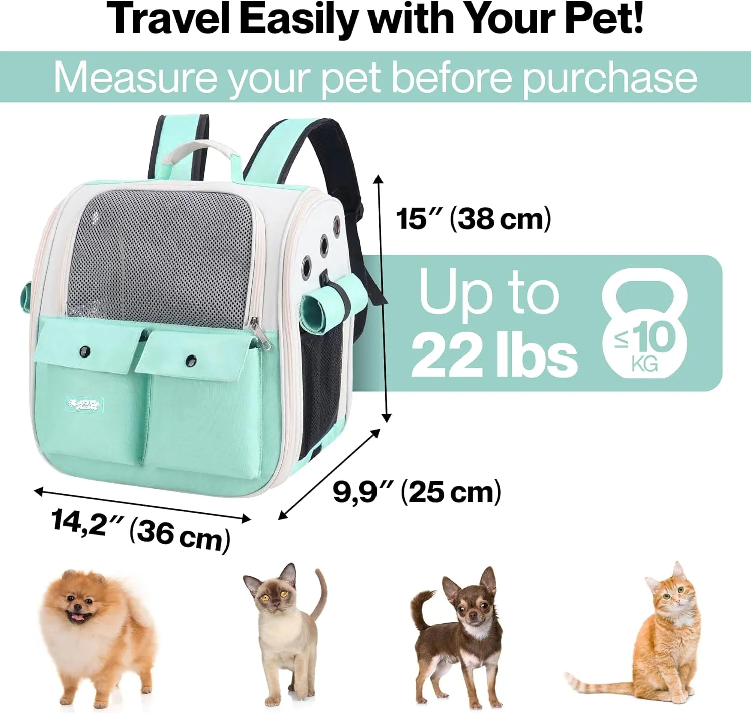 Portable Cat Carrier Backpack  Soft-Sided Travel Pet Backpack for Cats & Small Dogs, Breathable & Comfortable Bag Pet Carrier for Kittens & Puppies, Airline Friendly Pet Travel Carrier (Turquoise)
