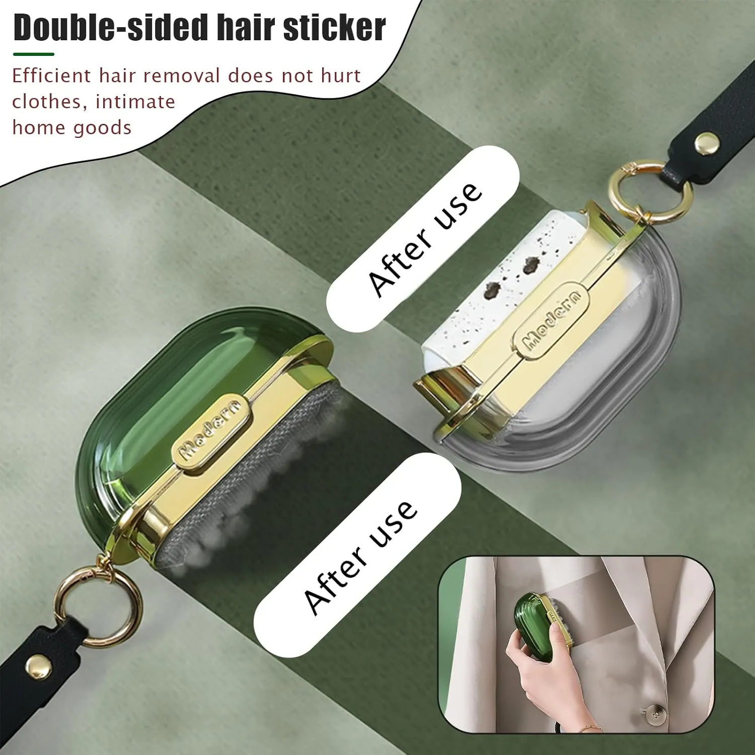 Portable Lint Rollers with 5 Extra Sticky Refills & Hand Strap, Travel Lint Roller Mini, Double-Sided Pet Dog Cat Hair Remover, Small Pocket Reusable Lint Brush Tool for Clothes Purse (Green)