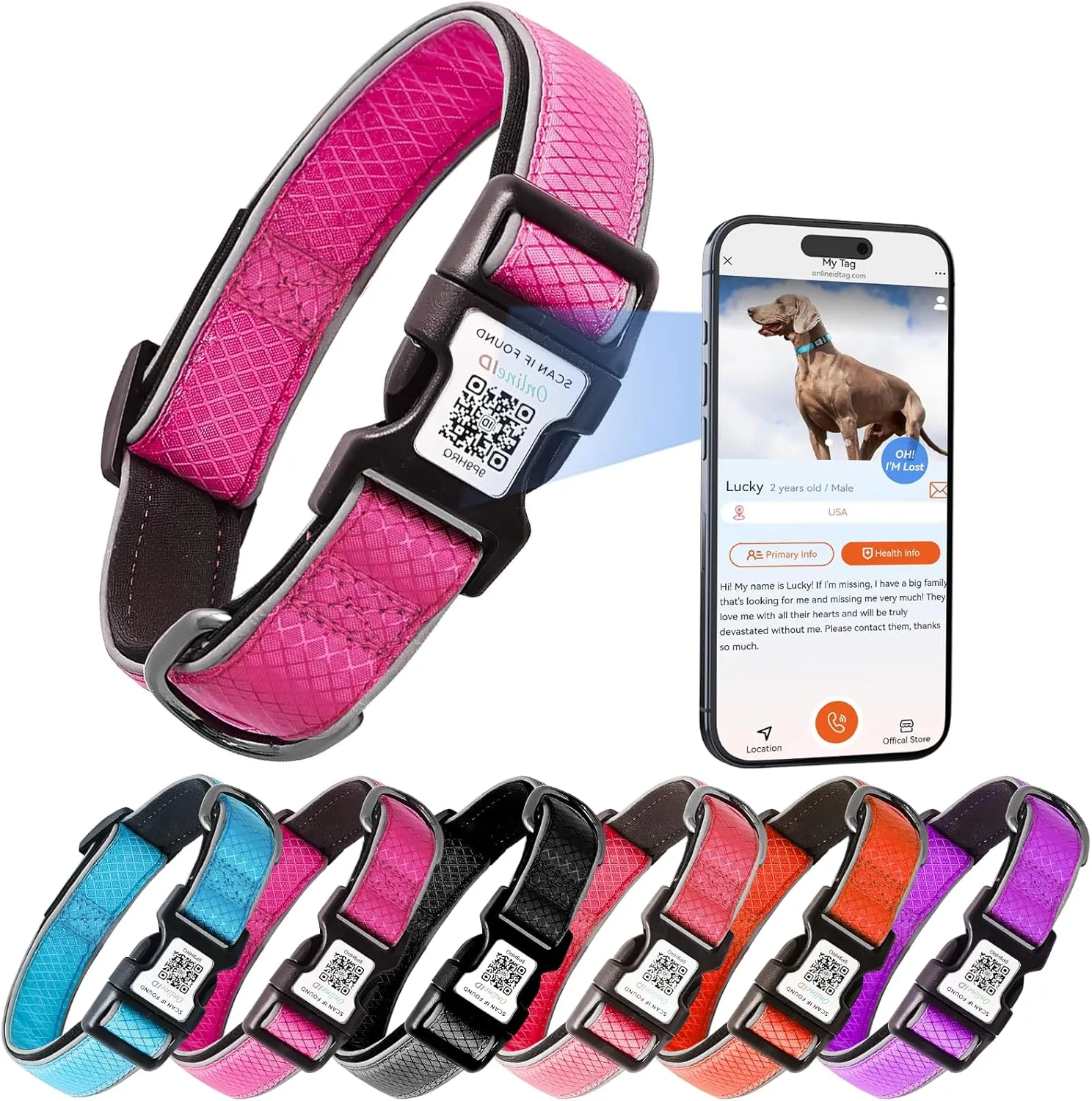 Reflective Dog Collar for Small Dogs, Soft Neoprene Padded Oxford Cloth Pet Collars with Safty Buckle & QR Code Pet ID Tag,Rose Red S