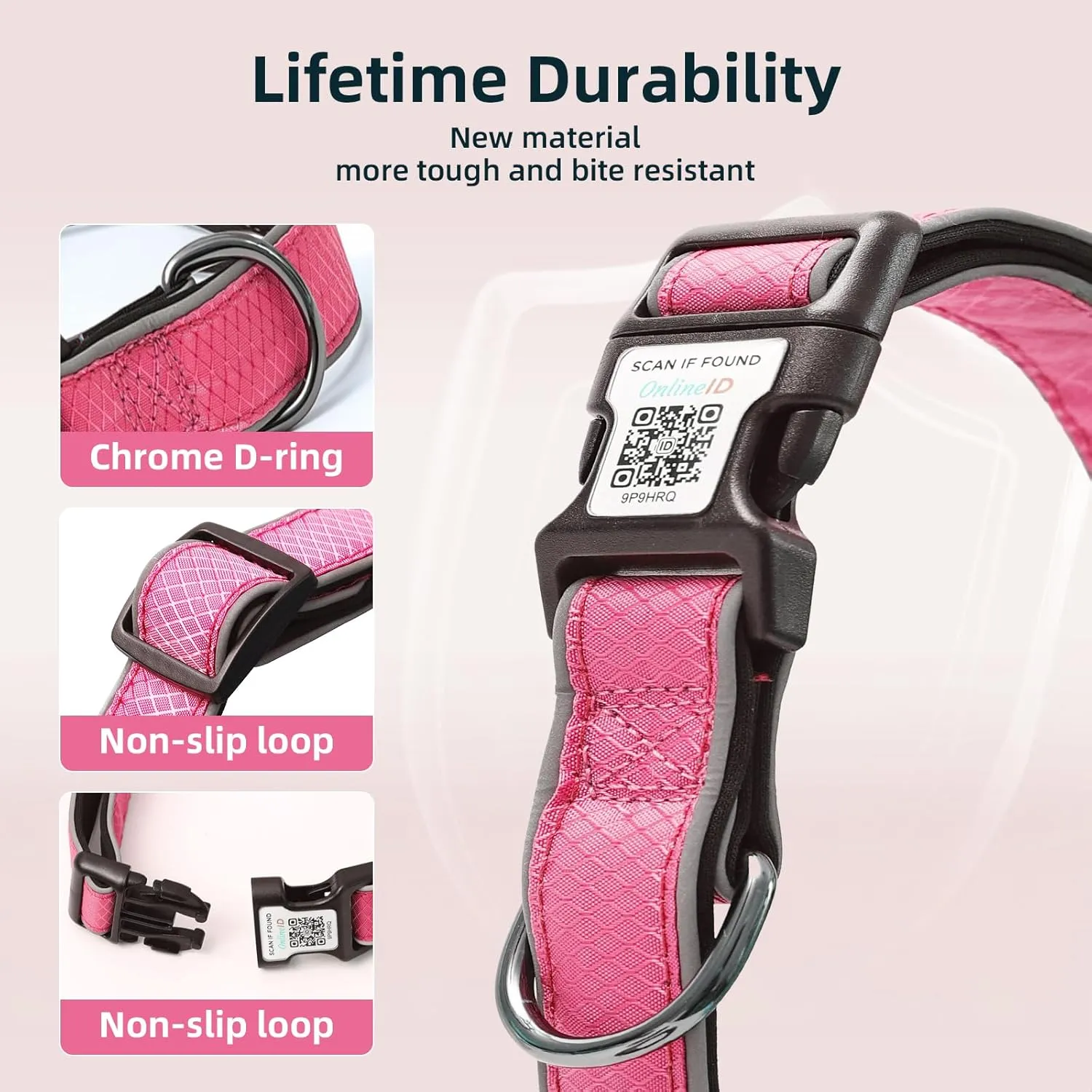 Reflective Dog Collar for Small Dogs, Soft Neoprene Padded Oxford Cloth Pet Collars with Safty Buckle & QR Code Pet ID Tag,Rose Red S