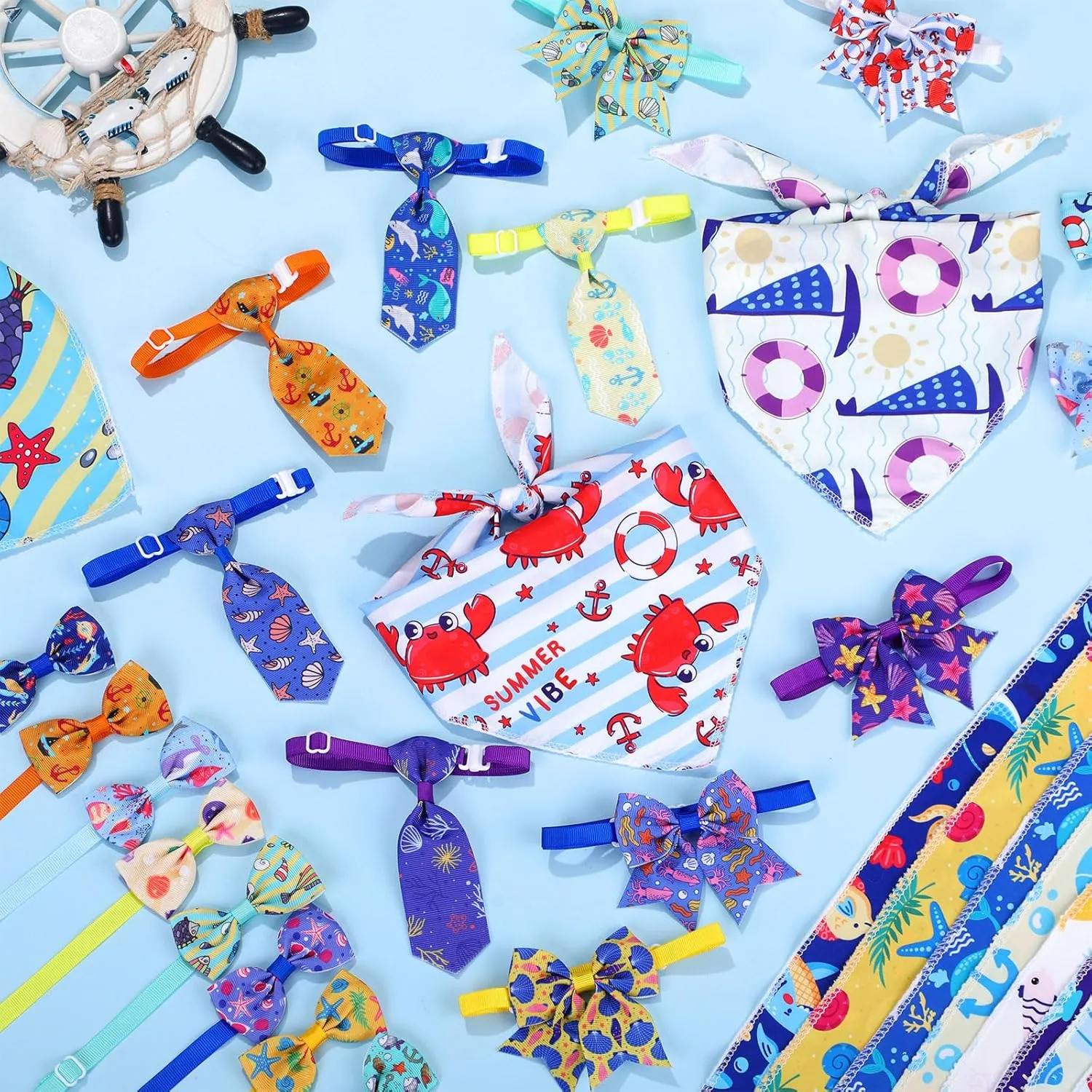Reginary 120 Pcs Ocean Animals Dog Bandanas Bulk Dog Bows Set Bow Ties Cat Scarf Colorful Washable Triangle Pet Kerchief Cute Bib for Summer Small Medium Large Pets Grooming Accessories Costume