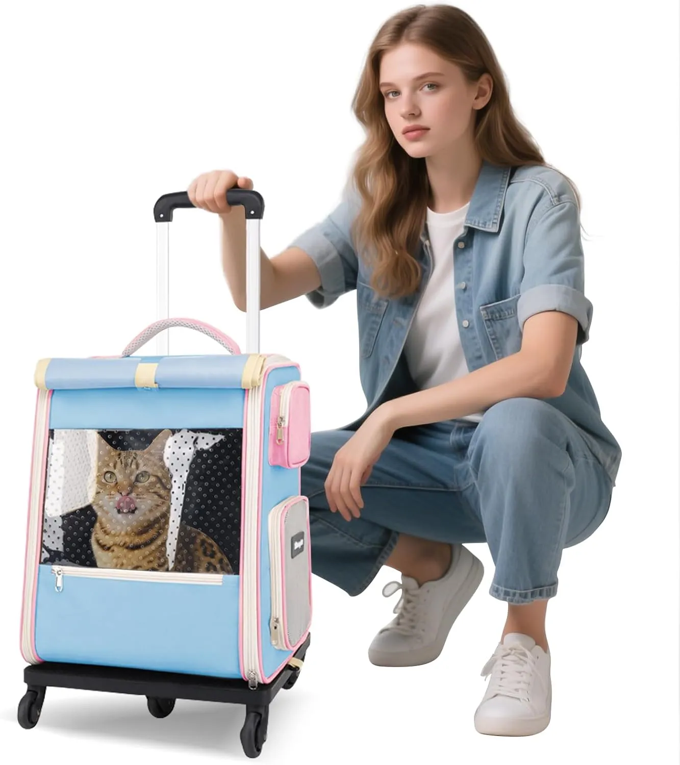 Rolling Pet Carrier Backpack with Wheels for Under 16.5LBS, Large Soft Sided Wheeled Dog Carrier with Removable Mat,Cat Travel Carrier Airline Approved for Small Dogs and Medium Cats,Sky Blue