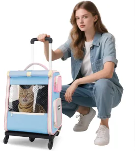 Rolling Pet Carrier Backpack with Wheels for Under 16.5LBS, Large Soft Sided Wheeled Dog Carrier with Removable Mat,Cat Travel Carrier Airline Approved for Small Dogs and Medium Cats,Sky Blue