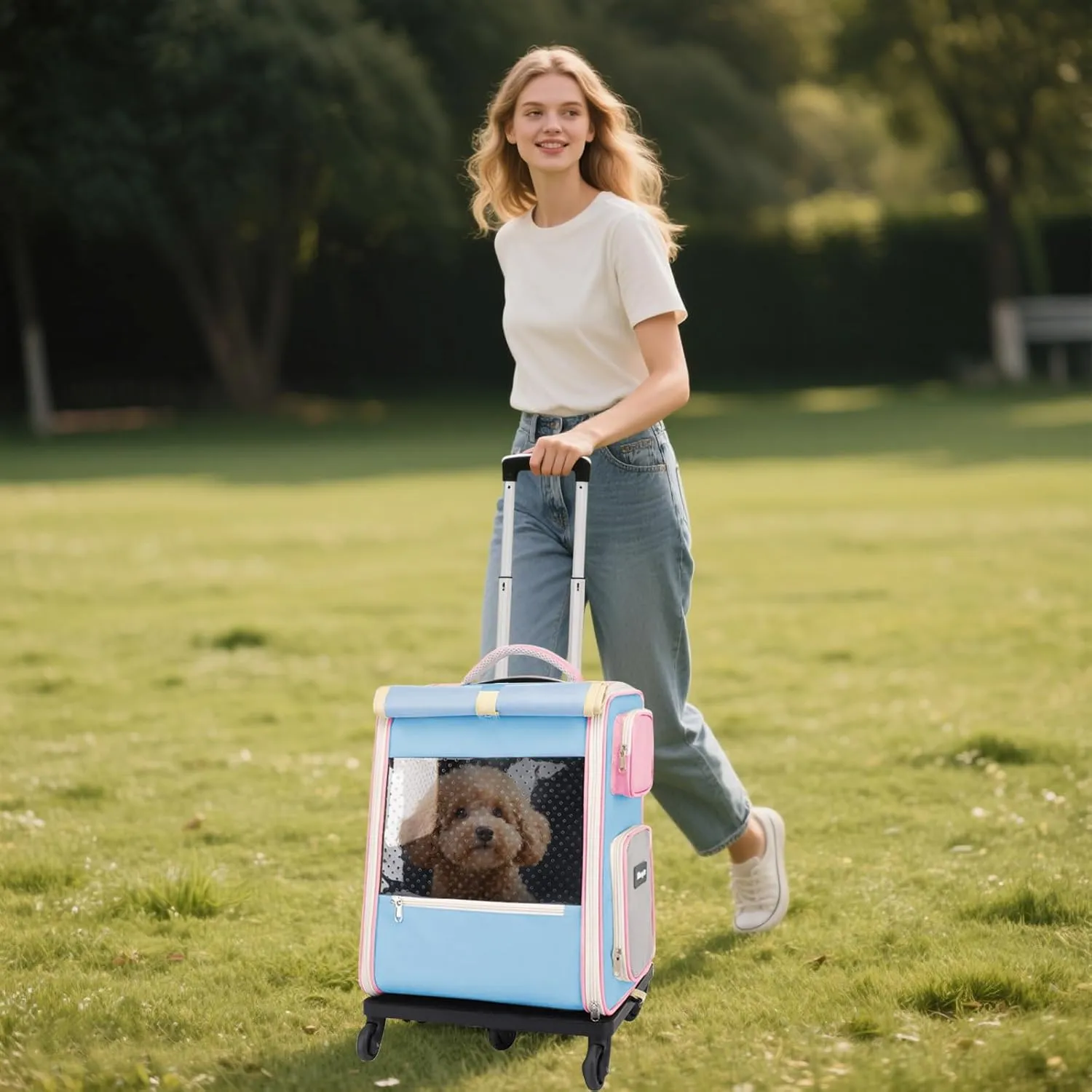 Rolling Pet Carrier Backpack with Wheels for Under 16.5LBS, Large Soft Sided Wheeled Dog Carrier with Removable Mat,Cat Travel Carrier Airline Approved for Small Dogs and Medium Cats,Sky Blue