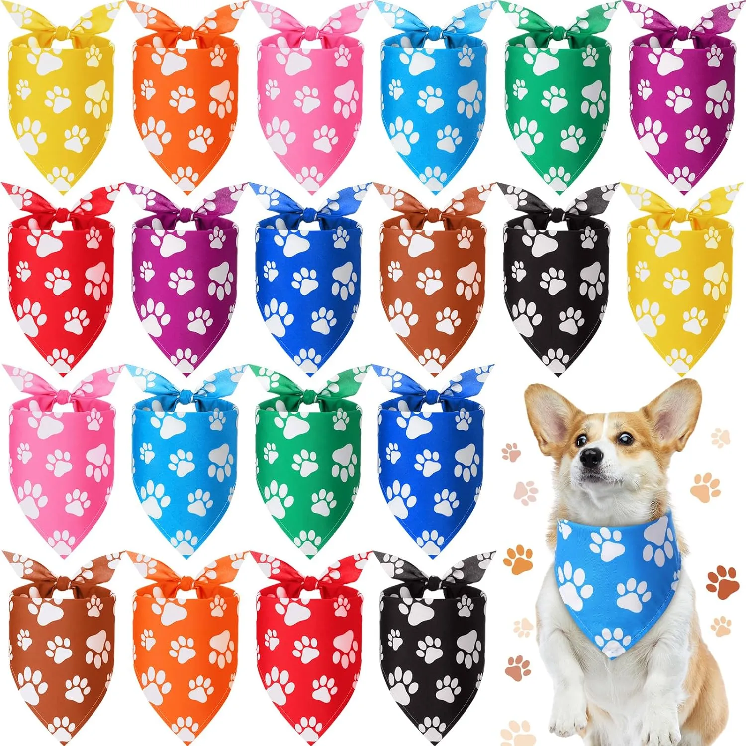 Sanwuta 20 Pcs Paw Print Dog Bandanas Bulk Colorful Paw Bandanas for Dogs Pets Triangle Kerchief Bib Scarf for Puppy Small Medium Large Pets Costume Accessories