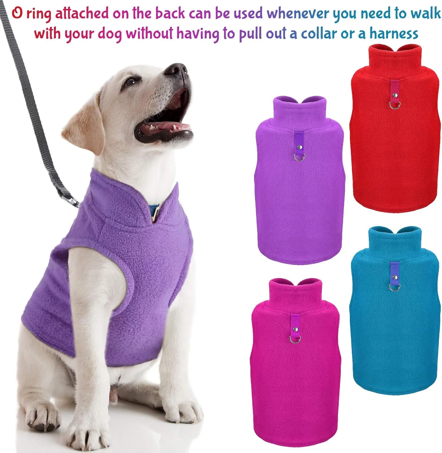 SATINIOR 4 Pieces Dog Polyester Warmer Vest Sweater Warm Pullover Jacket with D-Ring Leash Cold Weather Coat Hoodie for Small and Medium Dogs(M,Purple, Blue, Rose, Red)
