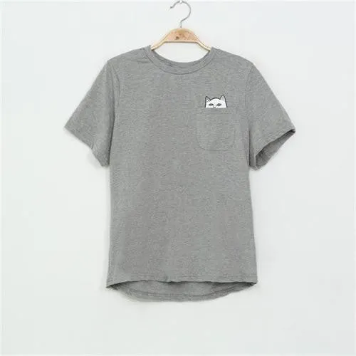 SexeMara 2016 New Summer Pocket Harajuku Cat Lovers Women Top Short-sleeve T shirt  Sweet Style Black/White/Grey Plus Size