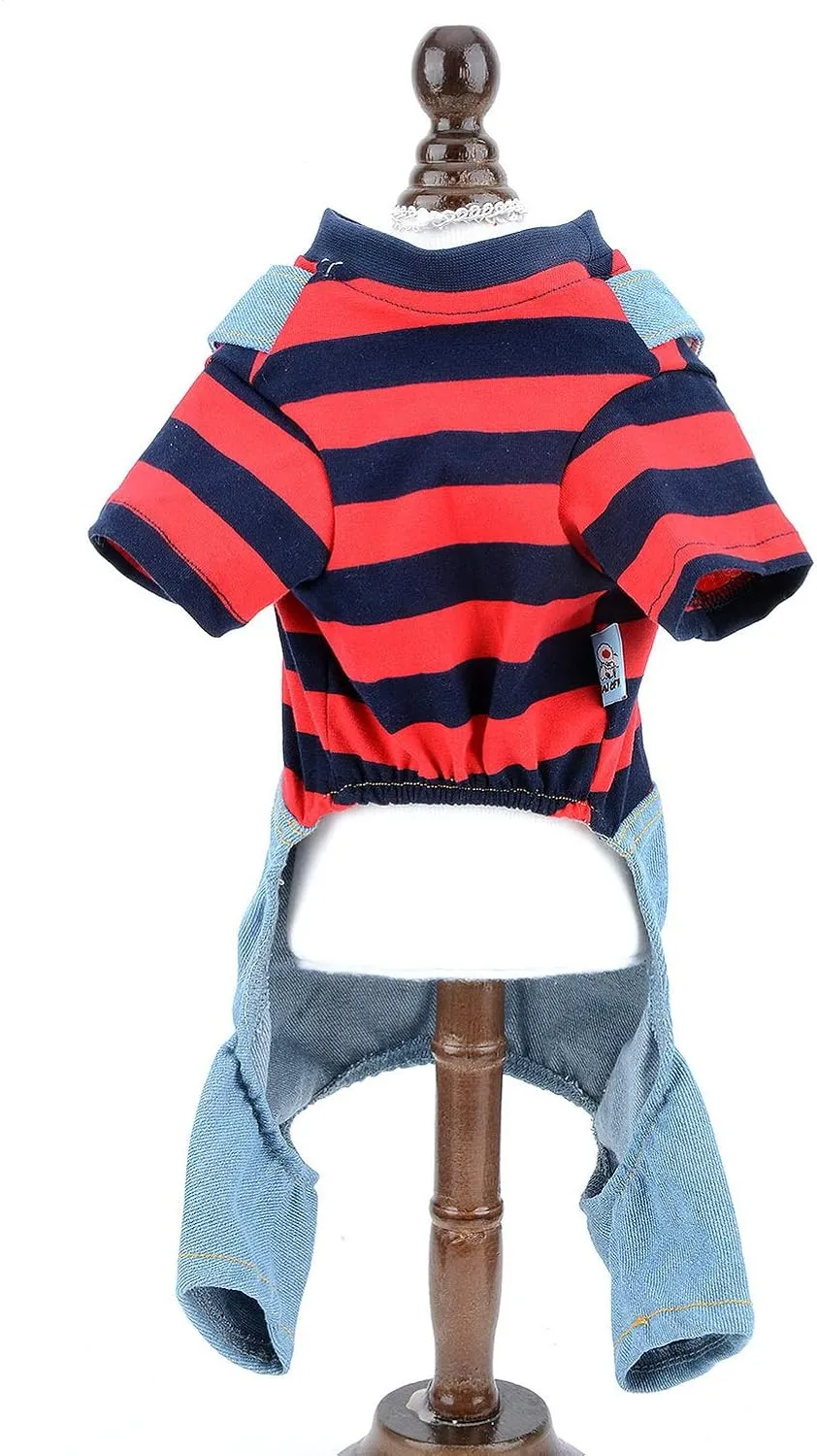 SMALLLEE_LUCKY_STORE Pet Stripe Sweater Shirt Denim Overalls for Small Dogs Cats Boy Girl Tshirt Pants 4 Legged Outfits Puppy Jumpsuit Yorkie Chihuahua Clothes,Red,Size M