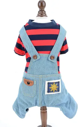SMALLLEE_LUCKY_STORE Pet Stripe Sweater Shirt Denim Overalls for Small Dogs Cats Boy Girl Tshirt Pants 4 Legged Outfits Puppy Jumpsuit Yorkie Chihuahua Clothes,Red,Size M