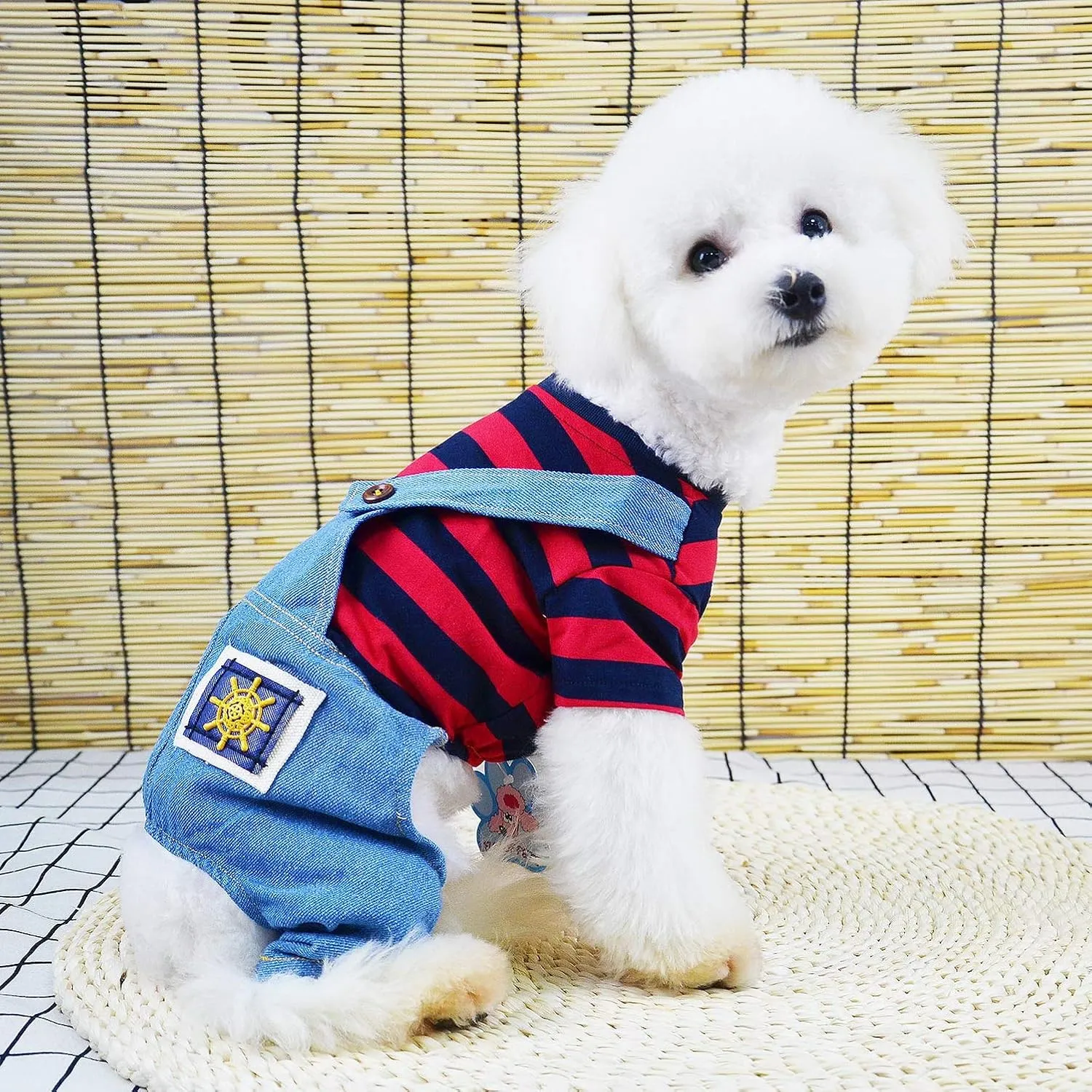 SMALLLEE_LUCKY_STORE Pet Stripe Sweater Shirt Denim Overalls for Small Dogs Cats Boy Girl Tshirt Pants 4 Legged Outfits Puppy Jumpsuit Yorkie Chihuahua Clothes,Red,Size M