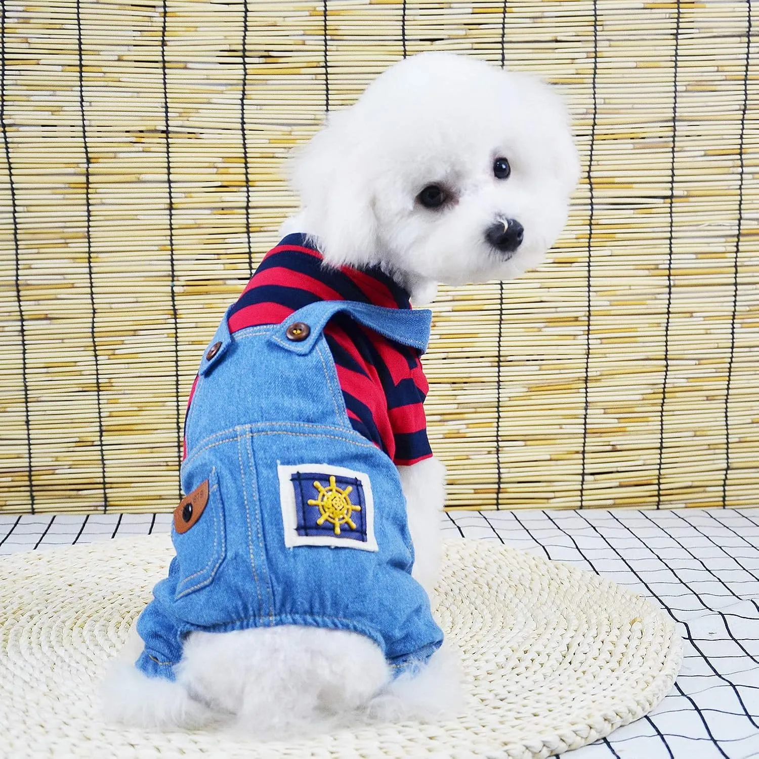 SMALLLEE_LUCKY_STORE Pet Stripe Sweater Shirt Denim Overalls for Small Dogs Cats Boy Girl Tshirt Pants 4 Legged Outfits Puppy Jumpsuit Yorkie Chihuahua Clothes,Red,Size M