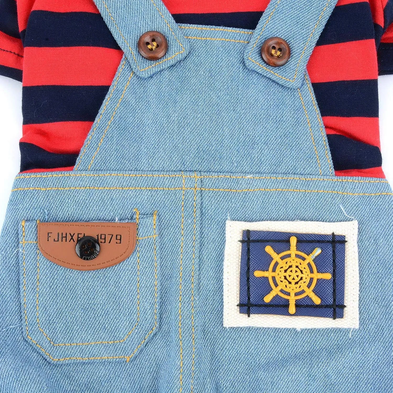 SMALLLEE_LUCKY_STORE Pet Stripe Sweater Shirt Denim Overalls for Small Dogs Cats Boy Girl Tshirt Pants 4 Legged Outfits Puppy Jumpsuit Yorkie Chihuahua Clothes,Red,Size M