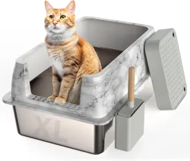 Stainless Steel Cat Litter Box Enclosure Marble Design 15.7, XL Stainless Steel Litter Box High Sides with Lid, Extra Metal Cat Litter Box, Anti-Urine Leakage, Non-Sticky, Easy Clean, Includes Scoop