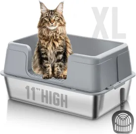 Stainless Steel Cat Litter Box, Extra Large Litter Box with Lid for Big Cats, Enclosed Metal Litter Pan with High Sides, Anti-Urine Leakag, Anti-Odor, Easy Cleaning, Include Scoop (Grey