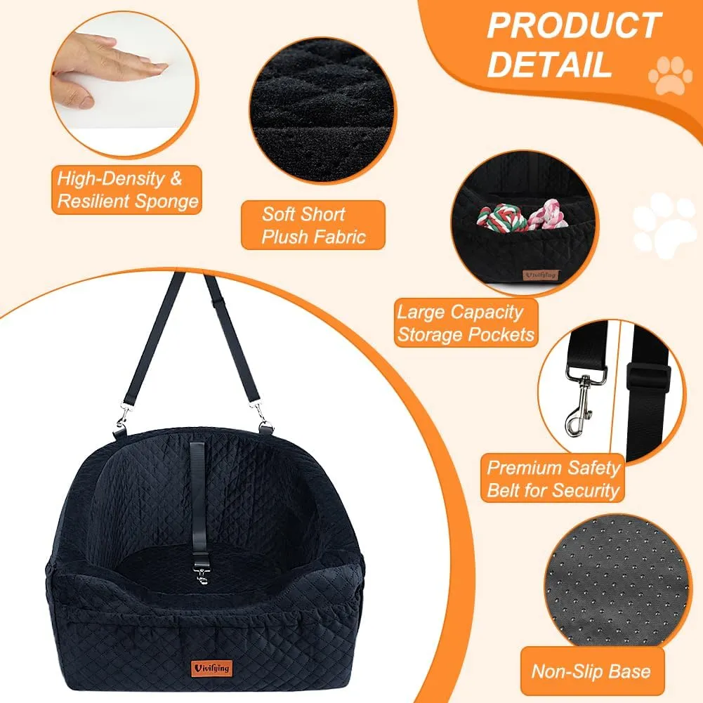 Vivifying Dog Car Seat for Small & Medium Dogs, Detachable & Washable Booster Seat for Pets Up to 30lbs, Travel Bed with Storage Pockets and Safety Belt  Black