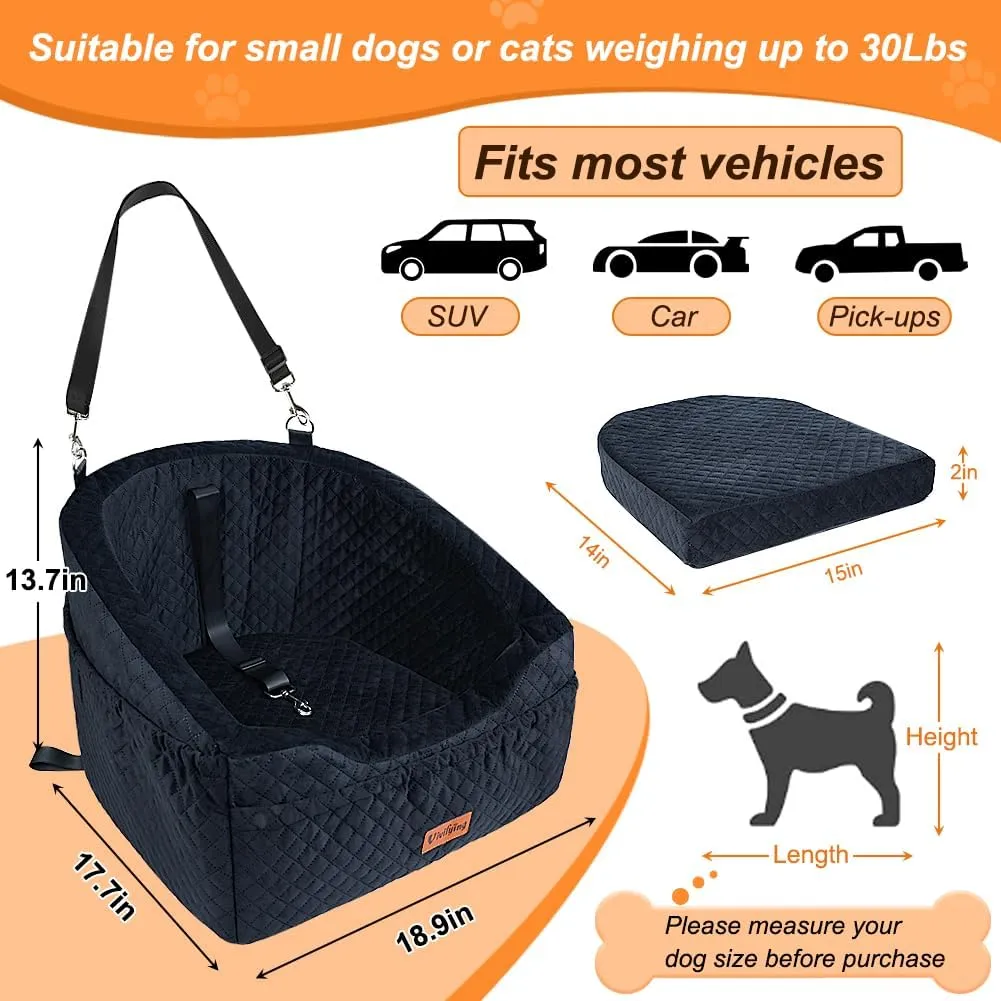 Vivifying Dog Car Seat for Small & Medium Dogs, Detachable & Washable Booster Seat for Pets Up to 30lbs, Travel Bed with Storage Pockets and Safety Belt  Black