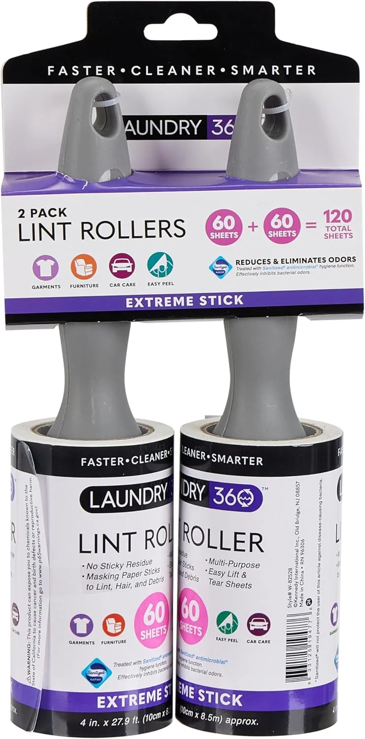 WOOLITE Laundry 360 Sanitized Pro Grade 60 Sheet Super Jumbo Lint Roller 2 Pack